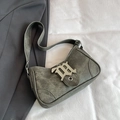 Sac croissant vintage vert gris délavé avec logo gothique argenté élégant - Gris Ciment