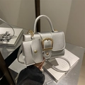 Silver textured square crossbody bag with gold buckle and mini hanging pouch set - Silver