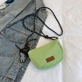 Green crescent canvas crossbody tote bag with woven strap and small checkered bear charm - Without Pendant / Green