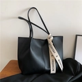 Chic black matte faux leather tote bag with white fashion ribbon strap detail - Black