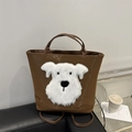 Borsa tote marrone in nylon con patch ricamata di schnauzer bianco morbido per donna - Marrone