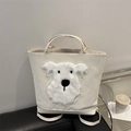 Borsa tote bianca lucida con simpatico cane Schnauzer in peluche e doppi manici - Bianco