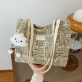 Olive green and cream geometric tote bag with leather straps and cloud charm - Khaki With Pendant