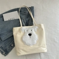 Grote gebroken witte draagtas met pluche Schnauzer-patch en handvatten van leer - Broken Wit