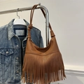 Vintage brown leather tote bag with long fringe tassels and moon-shaped design - Brown
