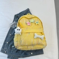 Sac à dos en jacquard jaune mignon avec broderies ondulées et pendentifs en peluche - Sans Pendentif / Jaune