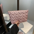 Pink heart quilted small square makeup bag with glossy finish and gold zipper detail - Pink