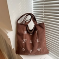 Deep brown corduroy tote bag with white letter embroidery for autumn fashion style - Brown