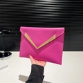 Rose pink minimalist leather envelope clutch bag with gold V-shape metal trim hardware - Rose Red