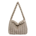 Fashionable khaki plush tote bag with unique pom-pom strap and striped fuzzy texture - Gray