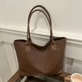 Deep coffee woven leather tote bag with large capacity and reinforced double straps - Brown