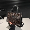 Chic leopard print tote bag with brown PU leather and woven crossbody strap - Brown