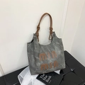 Grand sac cabas gris minimaliste avec anses en cuir marron et logo min min brodé - Brun Foncé