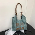 Sac cabas en toile rétro gris-bleu avec anses nouées en cuir marron - Bleu Denim