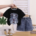 Girls summer casual set featuring black bear patch t-shirt and patterned denim shorts - Black / 80cm