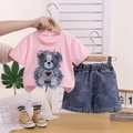Girls summer set with pink bear t-shirt and blue denim bear print shorts - Pink / 80cm