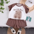 Conjunto de verano de algodón para niños con camiseta raglán de oso y pantalones cortos - 80cm / Marrón Oscuro