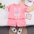 Pink girl summer outfit set with sequin bunny tee and mesh shorts on white background - 80cm / Peach