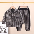 Classic black and white plaid two-piece jacket and pants set for little boys - Dark Brown / 80cm