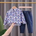 Boy's two-piece set featuring striped printed shirt and elastic waist denim pants - 80cm / Blue
