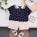 Toddler boys two-piece summer set with navy palm tree polo shirt and beige shorts - 80cm / Navy Blue