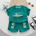 Toddler boys green summer set featuring 3D cartoon crocodile embroidery on T-shirt and shorts - Dark Green / 80cm