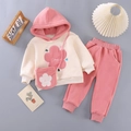 Girls warm fleece hooded tracksuit set with floral embroidery and matching mini bag - Pink / 80cm