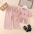 Meisjes roze tweedelige set met korte mouwen en wijde broek met ruches textuur - Roze / 80cm
