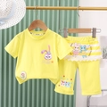 Girls summer yellow two-piece set featuring cartoon rabbit print T-shirt and lace shorts - 80 / Yellow