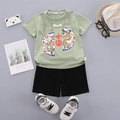 Boys summer Hanfu set with green dragon print T-shirt and black shorts in Chinese style - Olive Green / 80cm