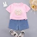 Completo estivo da bambina con top ricamato rosa e pantaloncini in stile cinese - Rosa / 80cm