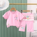 Pink girls summer two-piece outfit featuring a cartoon rabbit tee and striped pants - 80 / Pink