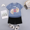 Boys summer Hanfu set with dragon print short sleeve T-shirt and black shorts set - Aqua / 80cm
