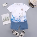 Boys white Chinese style crane print t-shirt and blue denim shorts casual outfit set - White / 80cm