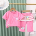 Pink cotton girls' summer set with cartoon rabbit t-shirt and striped skirt leggings - 80 / Rose Red