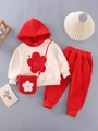Girls' red fleece hoodie set with floral embroidery, matching joggers and small bag - Red / 80cm