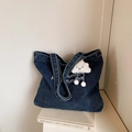 Große marineblaue Denim-Tragetasche mit weißer Stickerei und Wolken-Plüschanhänger - Ohne Anhänger / Stil 2 Dunkelblau Reißverschluss