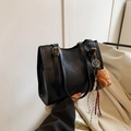 Retro black tote bag in matte leather with golden hardware and cute bear pendant - With Pendant / Black
