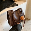 Vintage dark brown faux leather tote bag with teddy bear charm and woven keychain pendant - With Pendant / Brown