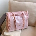 Pink ita bag tote featuring clear PVC window with ribbon lace-up sides and bow accents - Pink