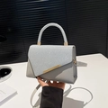 Borsa a tracolla grigio chiaro con strass argento su patta e manico rotondo - Argento
