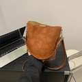 Minimalist vintage brown leather bucket bag with braided handle and long strap for women - Brown