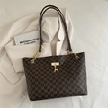 Deep brown tote bag with M-pattern monogram, gold chain accents and deer charm - Brown