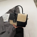 Contrast color black and beige small square handbag with adjustable strap and tag - Black