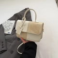 Minimalist beige color-block square handbag with thick handle and detachable strap - Off White
