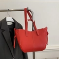 Chic red tote bag with lychee texture and white contrast stitching detail - Red