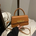Caramel brown rectangular crossbody bag with golden chain buckle and leather handle - Brown