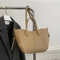 Khaki pebbled leather tote bag with long shoulder straps and visible stitching detail - Khaki