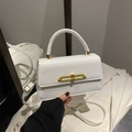 Minimalist white faux leather square bag with gold lock and adjustable shoulder strap - White