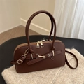 Retro-Handtasche aus braunem Kunstleder für Damen mit Doppelgriffen und goldener Schnalle - Braun